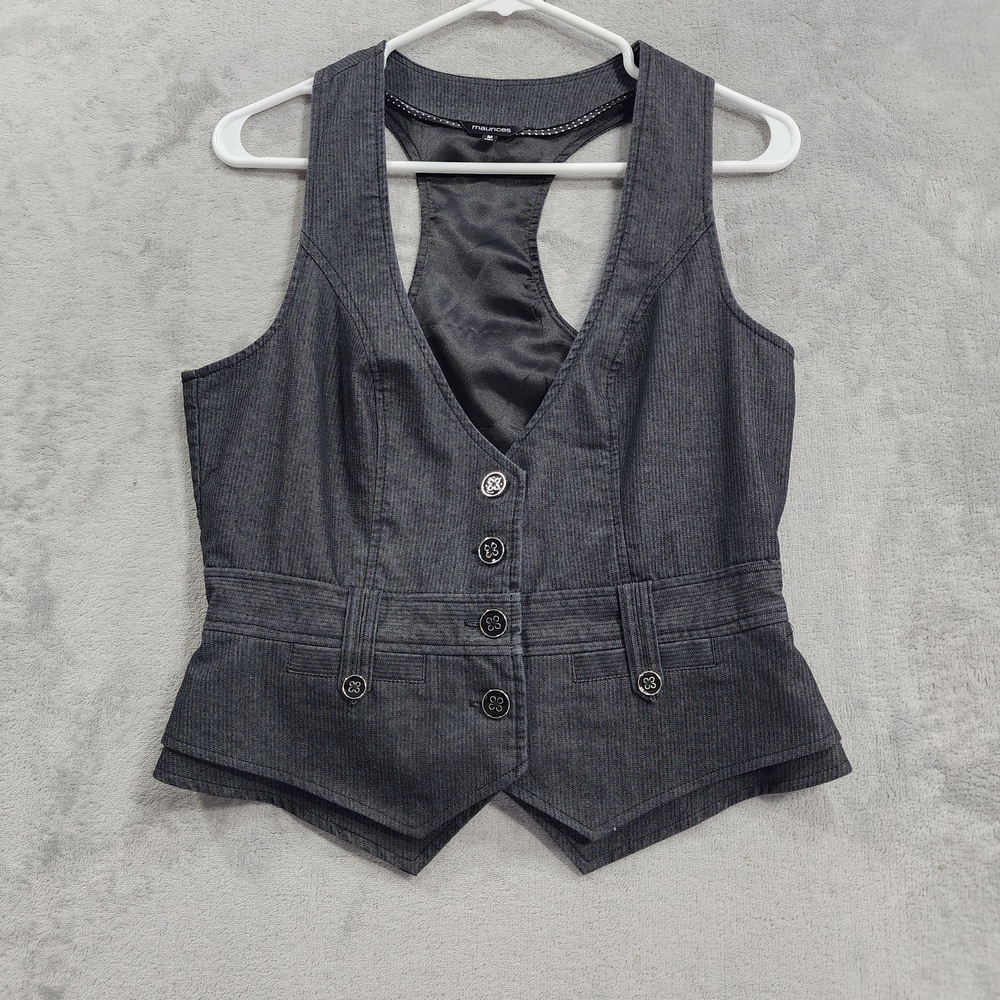 Vintage Y2K Maurices Vest Womens M Gray Pinstripe 4 Button Lined Tailored Office